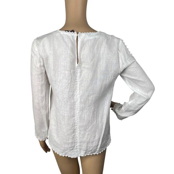 J.Crew White Linen Pom Pom Tassel Long Sleeve Top SZ 0 - Picture 9 of 12